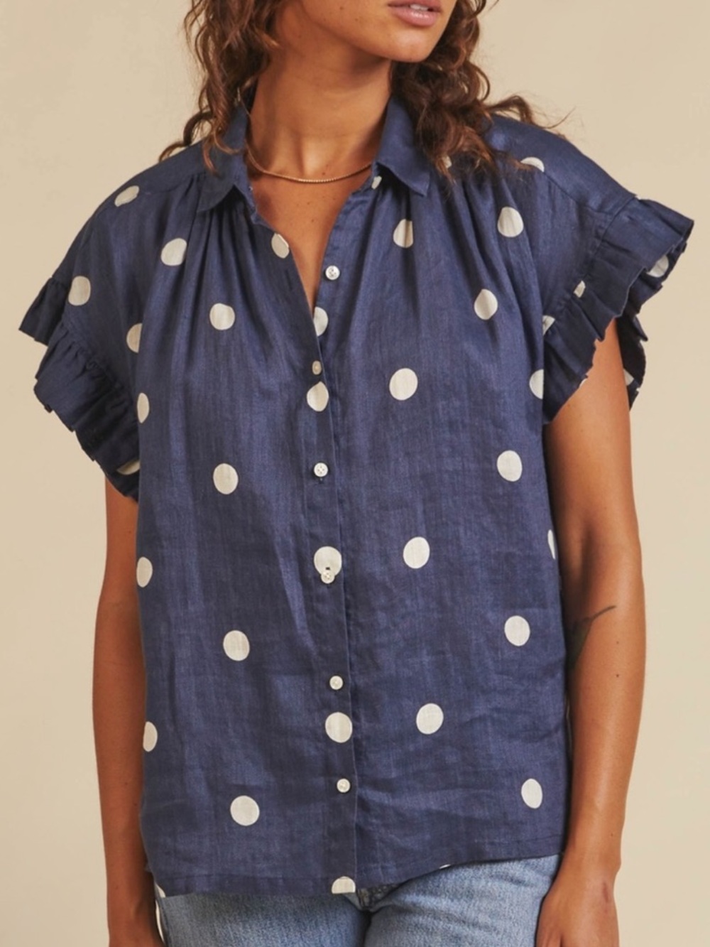 Trovata Marianne B Ruffle Sleeve Polka Dot Linen Shirt